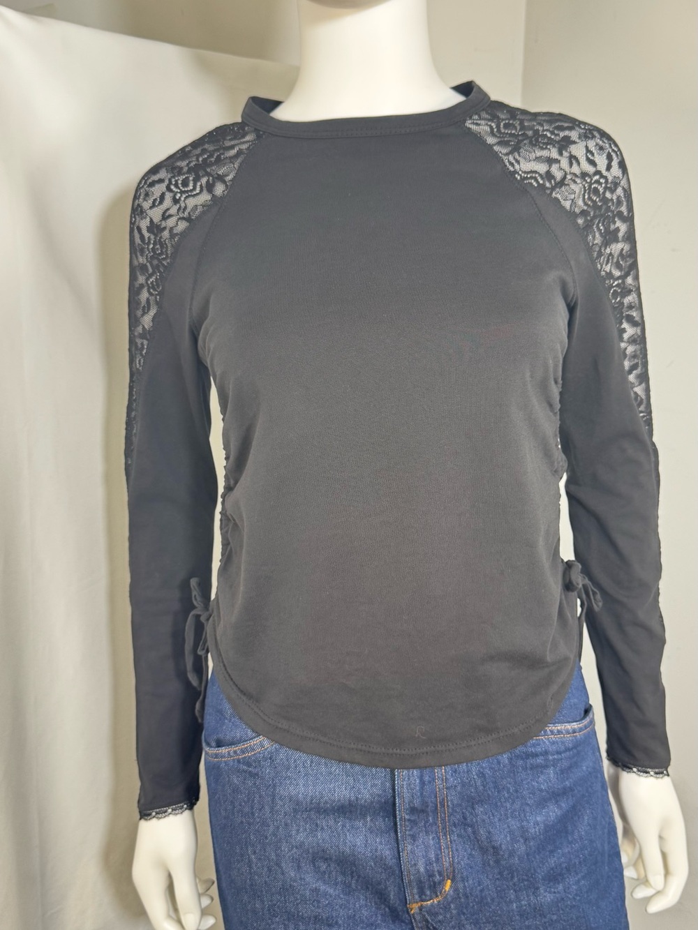 Jonathan Simkhai Standard Black Lace Raglan Sleeve Cotton Top Cinch Hem XS